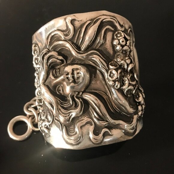 Sterling Silver Cuff Bracelet Victorian 925 Art Nouveau Kerr Antique Goddess - Picture 1 of 14